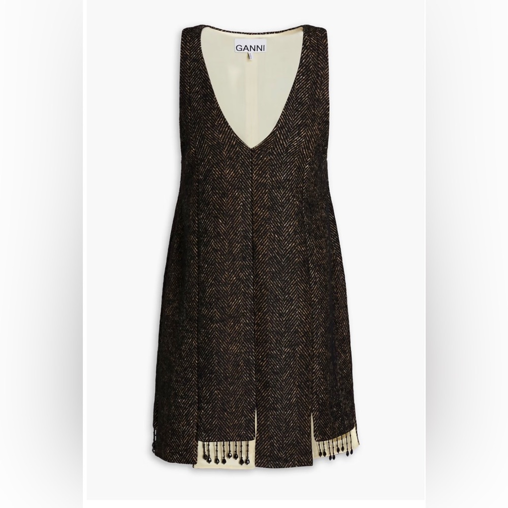 Ganni herringbone tweed mini dress with fringed beading size 40